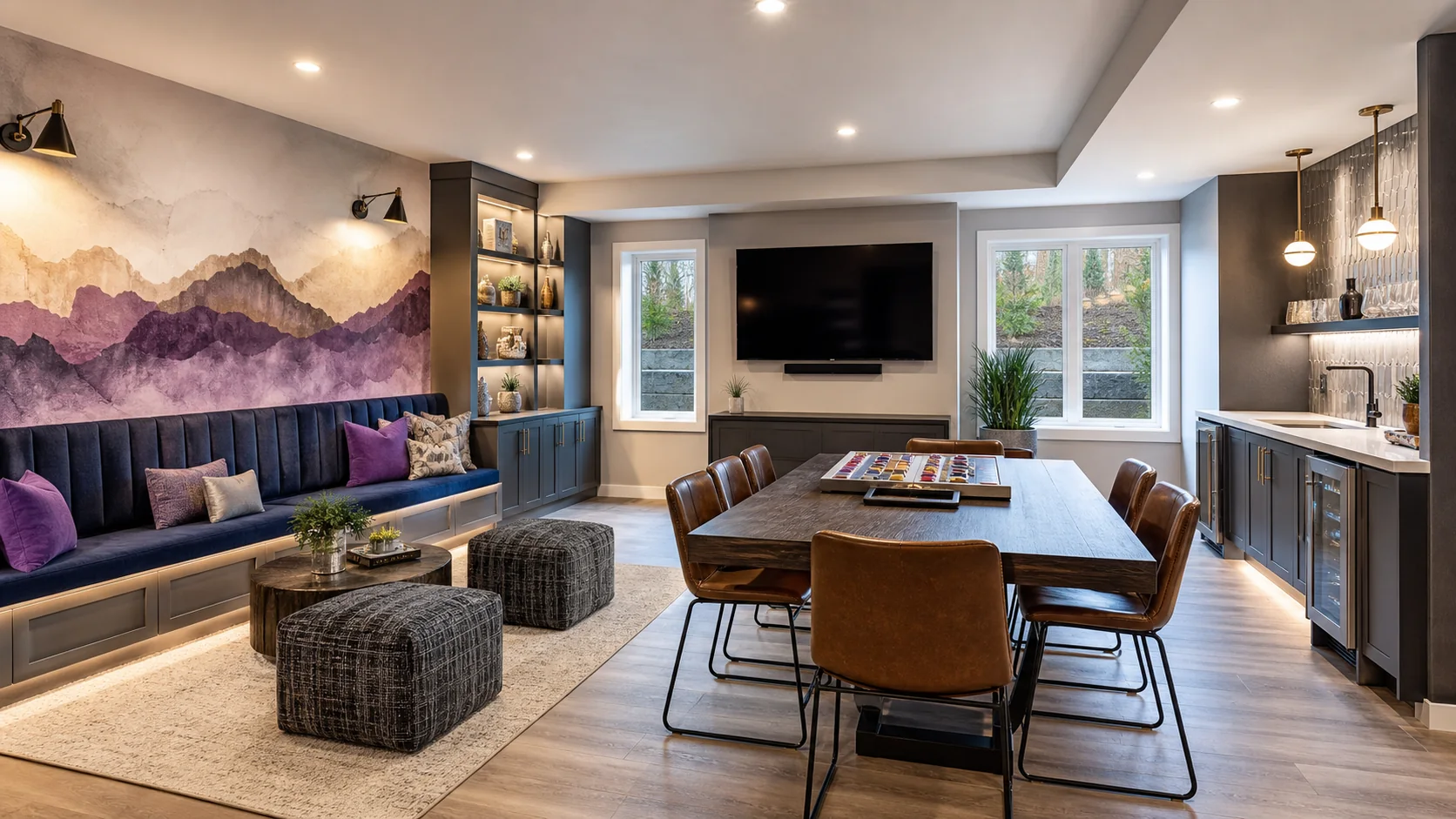 Airbnb amenity room with game table, group seating, wet bar, storage and layered lighting