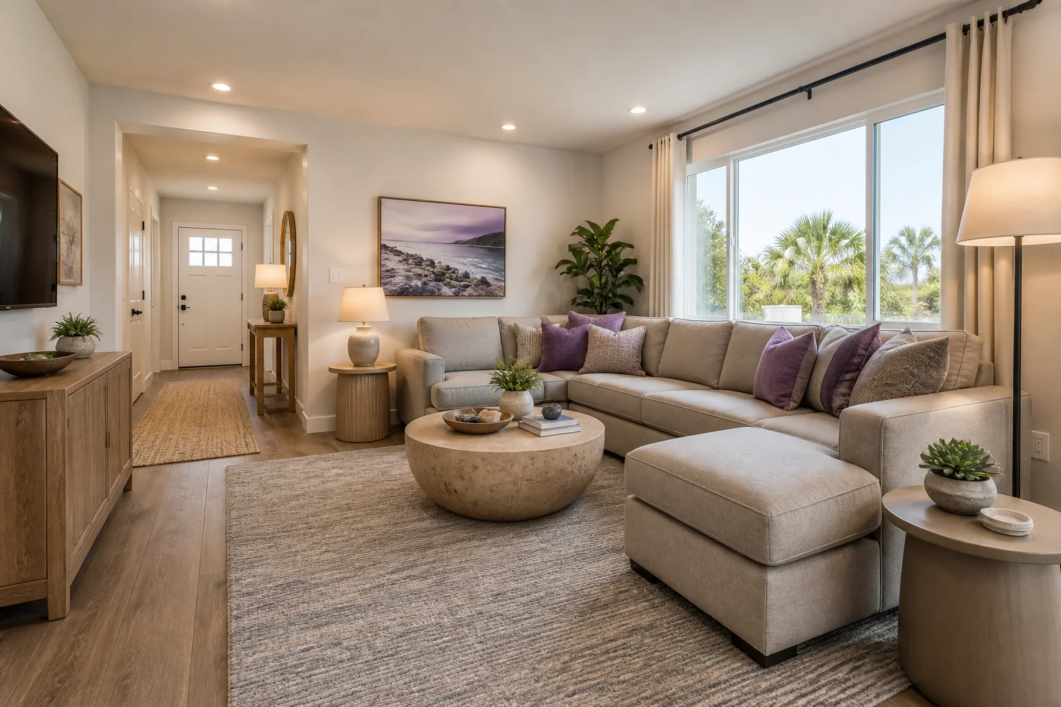 Durable professionally designed Airbnb living room with performance seating and guest-friendly circulation