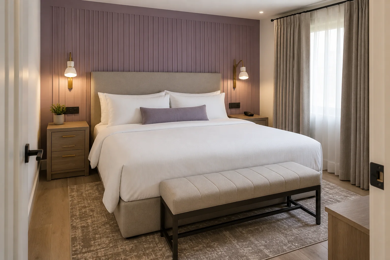 Airbnb bedroom designed with quality bedding, blackout curtains, charging, reading lights and luggage storage